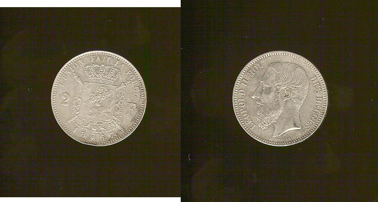 BELGIQUE 2 Francs Léopold II légende française 1867 SUP